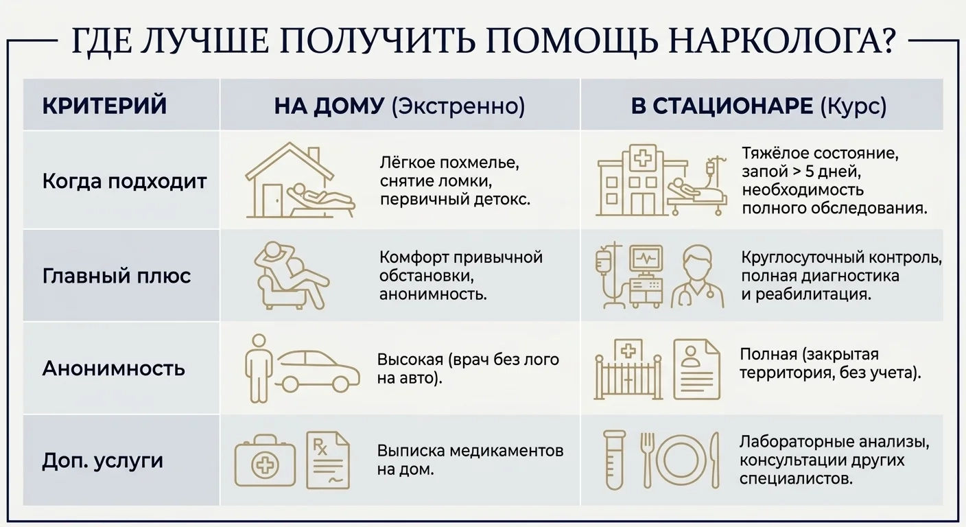 Инфографика сравнения помощи нарколога на дому и в стационаре по четырём критериям — вызов нарколога на дом